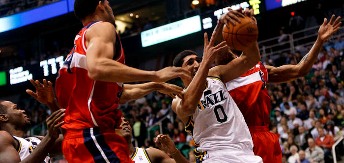 Utah Jazz center Enes Kanter (0) rebounds, with Washington Wizards center JaVale McGee (34) and Washington Wizards forward Rashard Lewis (9). Utah Jazz vs. Washington Wizards, NBA basketball at EnergySolutions Arena Friday, February 17, 2012 in Salt Lake City, Utah. Photo by Trent Nelson/The Salt Lake Tribune