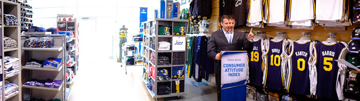 Randy Shumway of Zions Bank announced the bank's latest monthly estimate of the confidence of Utah consumers at a press conference Tuesday, February 28, 2012 at the Gateway location of Fanzz in Salt Lake City, Utah. Confidence is a very important, albeit under-appreciated, measure of whether the economy is recovering. Photo by Trent Nelson/The Salt Lake Tribune
