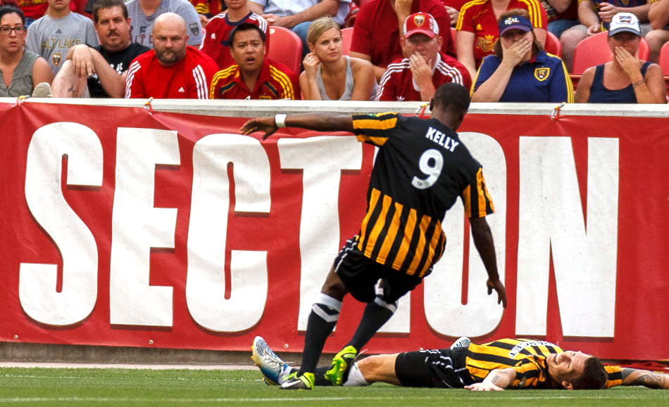 Charleston's Nicki Paterson and Charleston's Dane Kelly celebrate Paterson's goal as Real Salt Lake hosts Charleston Battery in the US Open Cup Wednesday June 12, 2013 at Rio Tinto Stadium in Sandy, Utah