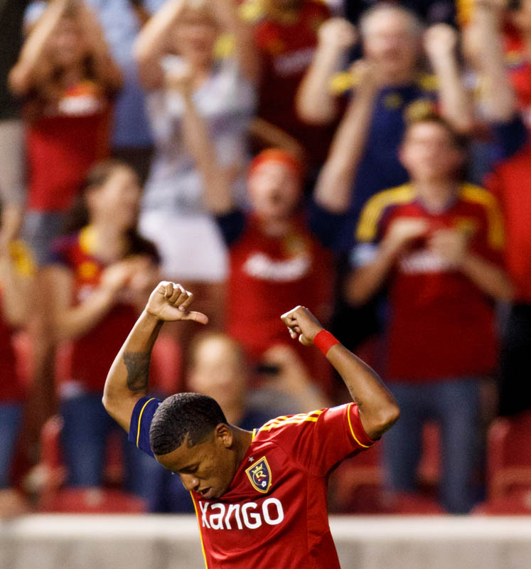 Real Salt Lake's Joao Plata celebrates his second half goal as Real Salt Lake hosts Charleston Battery in the US Open Cup Wednesday June 12, 2013 at Rio Tinto Stadium in Sandy, Utah