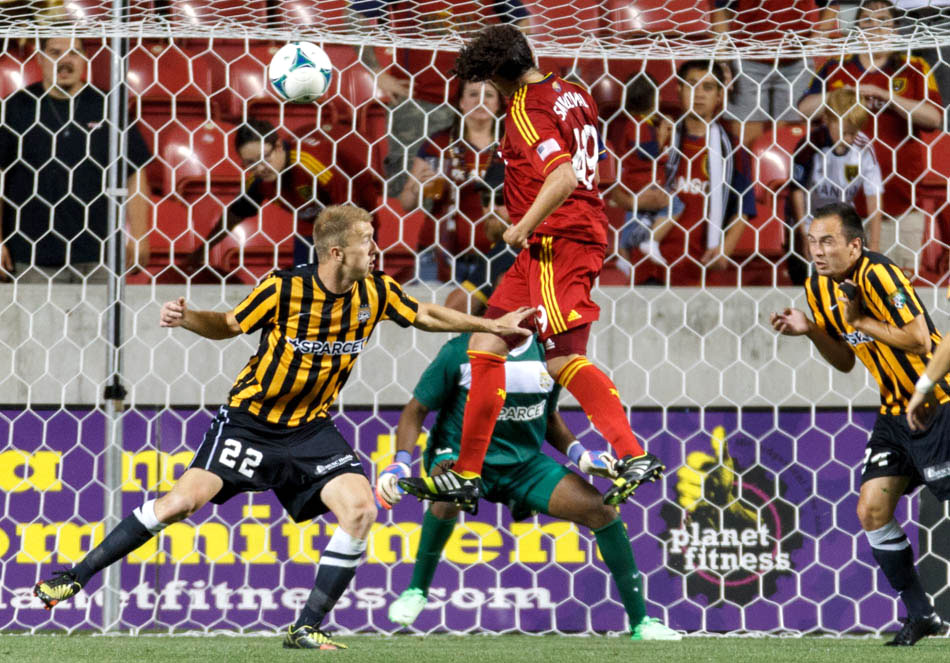 Real Salt Lake's Devon Sandoval heads in a goal in the first overtime period as Real Salt Lake hosts Charleston Battery in the US Open Cup Wednesday June 12, 2013 at Rio Tinto Stadium in Sandy, Utah